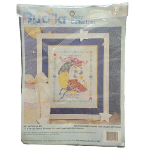 Vintage 1995 Bucilla New Baby Cross-stitch Kit Sampler Moon & Bear